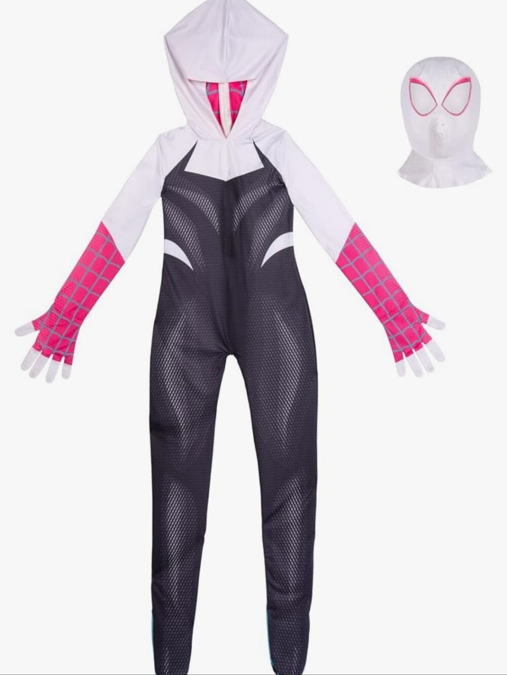 Spider Gwen Kids Superhero Hooded Jumpsuit in White, Black and Pink Size L - Picture 3 of 16